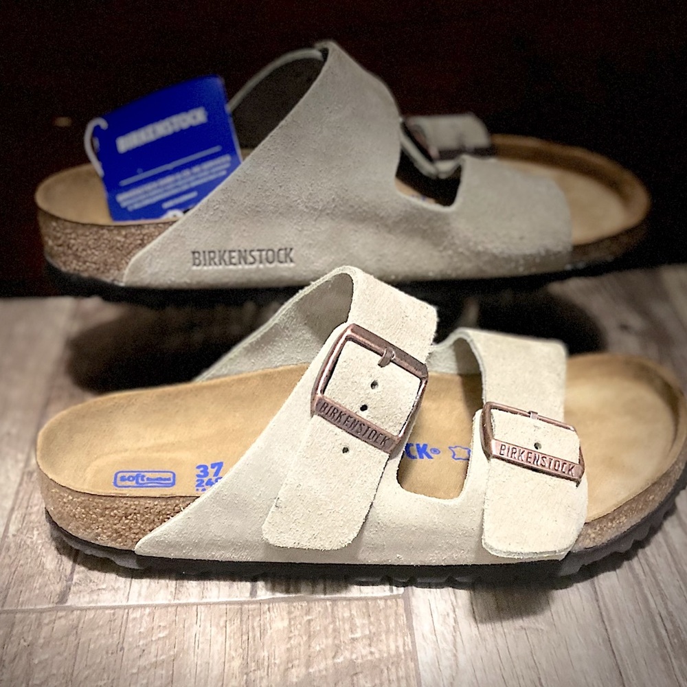 NIB-Birkenstock Arizona Soft Footbed  Taupe Suede Leather Sandals-37-EU/US-6.5